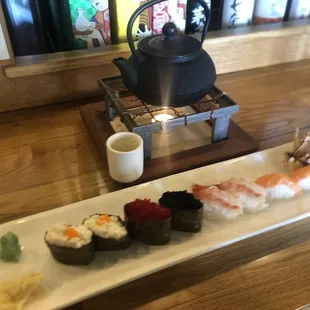 Creamy Scallops, Tobiko, Ama Ebi, Sake, Ama Ebi Fried heads.... Hot sake!
