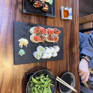 Unagi, Spicy Tuna Roll, Veggie Roll, and some Edamame.