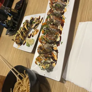 Lo mein noodles, crabby patty, and spicy cowboy