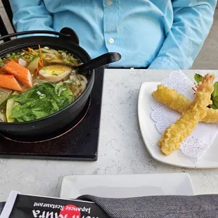 Nabeyaki udon with shrimp on the side