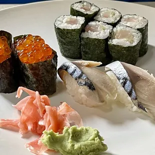 Ikura nigiri, Mackeral Nigiri, and Yellowtail Roll