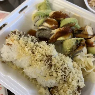 a meal in a styrofoam container