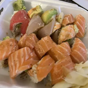a variety of sushi and other foods
