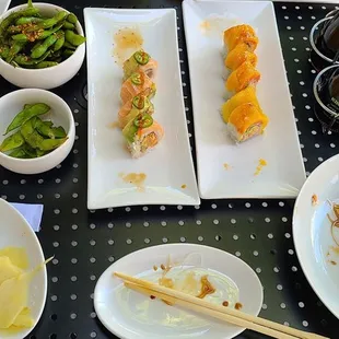 Stuffed Jalapenos, Edamame, Octopus Sushi, Fireworks Special Roll, Mango Dream Special Roll.