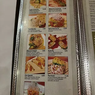 menu, sushi and sashimi