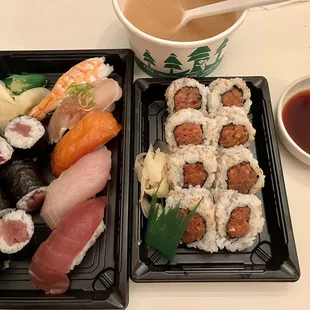 Sushi set with miso soup and spicy tuna cut roll