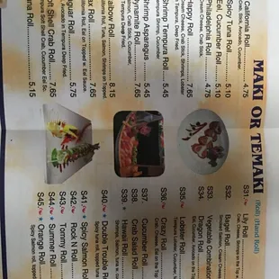 Sushi menu