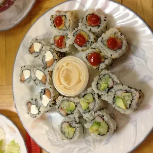 California roll, spicy tuna, and bagel roll