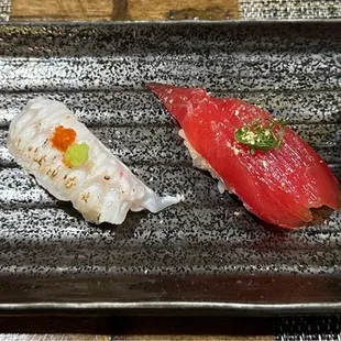 Hamachi, Engawa, seared, Maguro, marinated, Toro with pickled radish