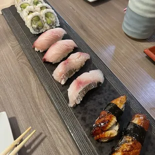 California roll, yellowtail, black snapper, unagi