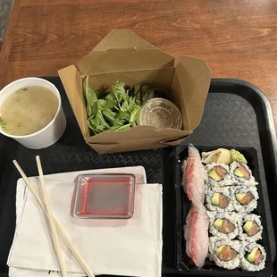 Miso, salad, red snapper sushi and Salmon Avocado Roll