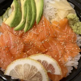 Salmon Avocado bowl,  comes with salad and miso soup