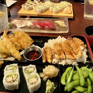 Chicken Bento Box and Vegetable Sushi Platter