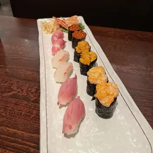 Otoro, sweet shrimp, yellowtail, Ikura, uni, scallop