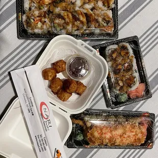a variety of sushi dishes