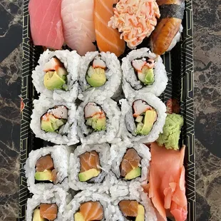 Lunch Special: 2 rolls (California Roll and Salmon Avocado Roll) and 5 piece nigiri (eel, crab salad, salmon, red snapper, tuna)