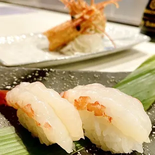 Amaebi Sushi, spot prawns with crisp fried cold water shrimp head.