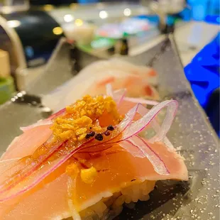 Seared Albacore Tuna with Crunchy Garlic, Soy Reduction and Shaved Red Onion