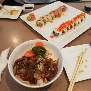 Teriyaki beef bowl and ichiban roll and spicy tuna roll