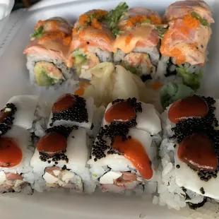 Flaming Salmon Roll (top), Black Pearl Roll (bottom)