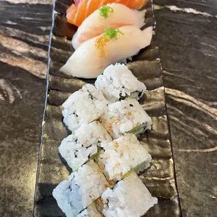 Lunch combo, California roll and four pieces of sushi