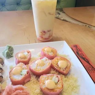 Florida roll and passion fruit tea with rainbow jellies