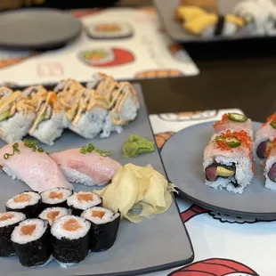 Spicy salmon roll, Luna roll (no ponzu), yellowtail nigiri, smoked salmon mini rolls.