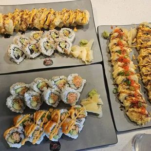 Spicy Salmon roll, OR roll, eel roll no avocado &amp; Vegas roll no avocado, mega roll &amp; Vegas no cream cheese.