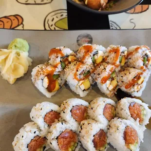Mango rolls and spicy tuna rolls