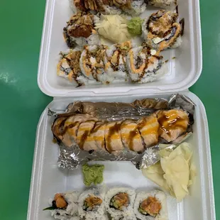 From top to bottom: WA roll, Las Vegas roll, Salmon bake, Spicy salmon