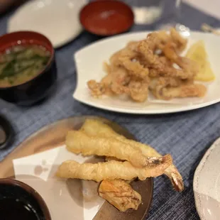 FRIED SQUID LEG $13 (back) | SHRIMP &amp; VEGETABLE TEMPURA $22 (front)