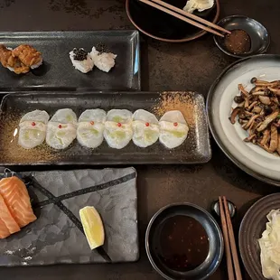 Top : Uni Sushi and Shiro Ebi with Caviar Sushi Right : Assorted Mushrooms