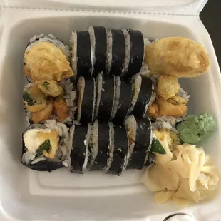 Veggie sushi. Top row is banana tempura, then veggie tempura, and bottom is jalapeño cheese tempura