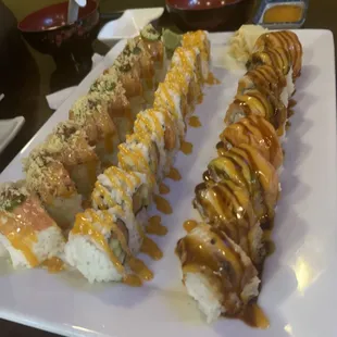 Left to right: hot night roll, spicy Salmon, and ocean roll