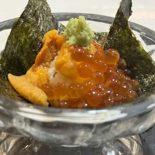 a glass bowl of food