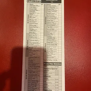 updated sushi menu in 2024