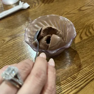 a hand holding a spoon with a scoop of chocolate ice cream