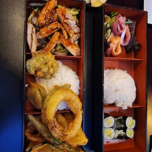 a bento box of food