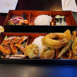 2 bento boxes, each comes with either miso soup or salad