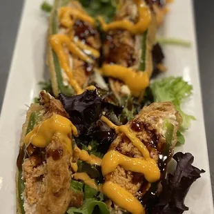 Omakase's Heart Attack Tempura~ These are some stuffed jalapeños, filled with fresh fish and nicely garnished!