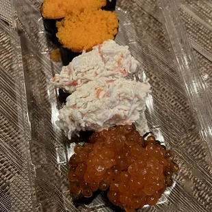 Salmon Egg, Crab Salad, Masago (nigiri)