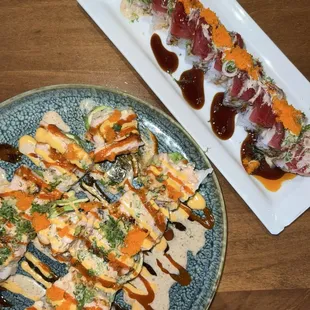 sushi on fire roll and girl on beach roll