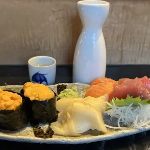 Sashimi combo and Uni with hot sake