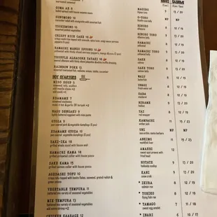 Sushi menu