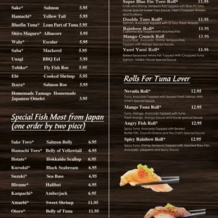 sushi and sashimi, menu