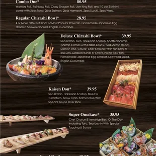 menu, sushi and sashimi