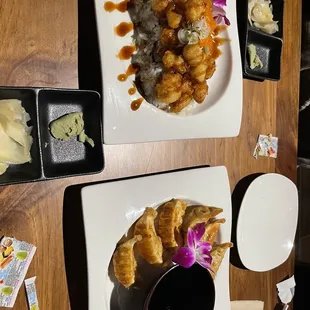 Chicken gyoza and popcorn shrimp roll