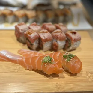 salmon belly nigiri and double double spicy tuna roll