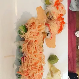 Yum!!  Shrimp tempura with pineapple and imitation crab on top!  Delicious!