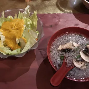 Salad with Ginger drsssing and clear soup